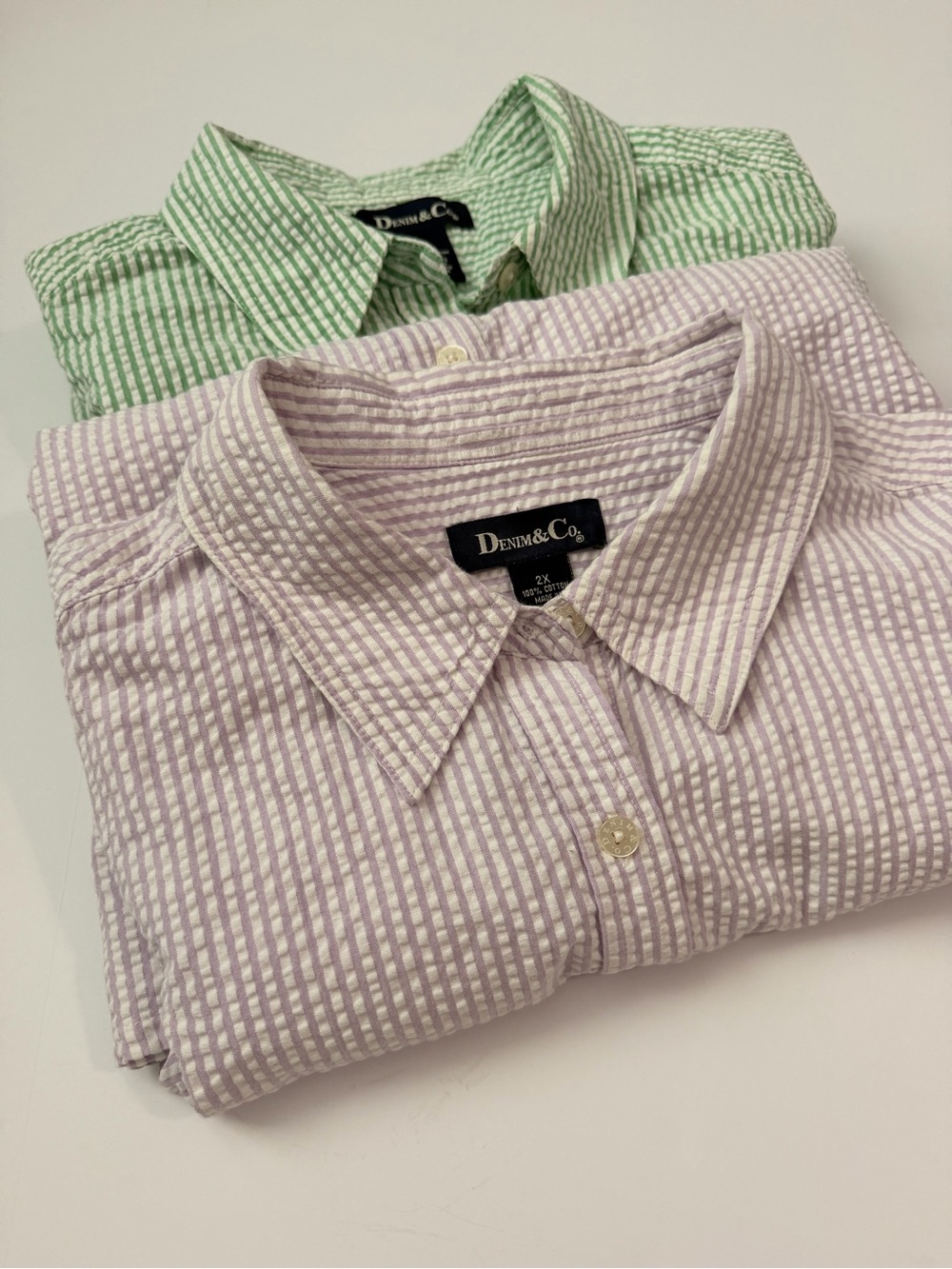 Set of 2 Denim&Co Women’s Seersucker Shirt button down oversize Lavender & green